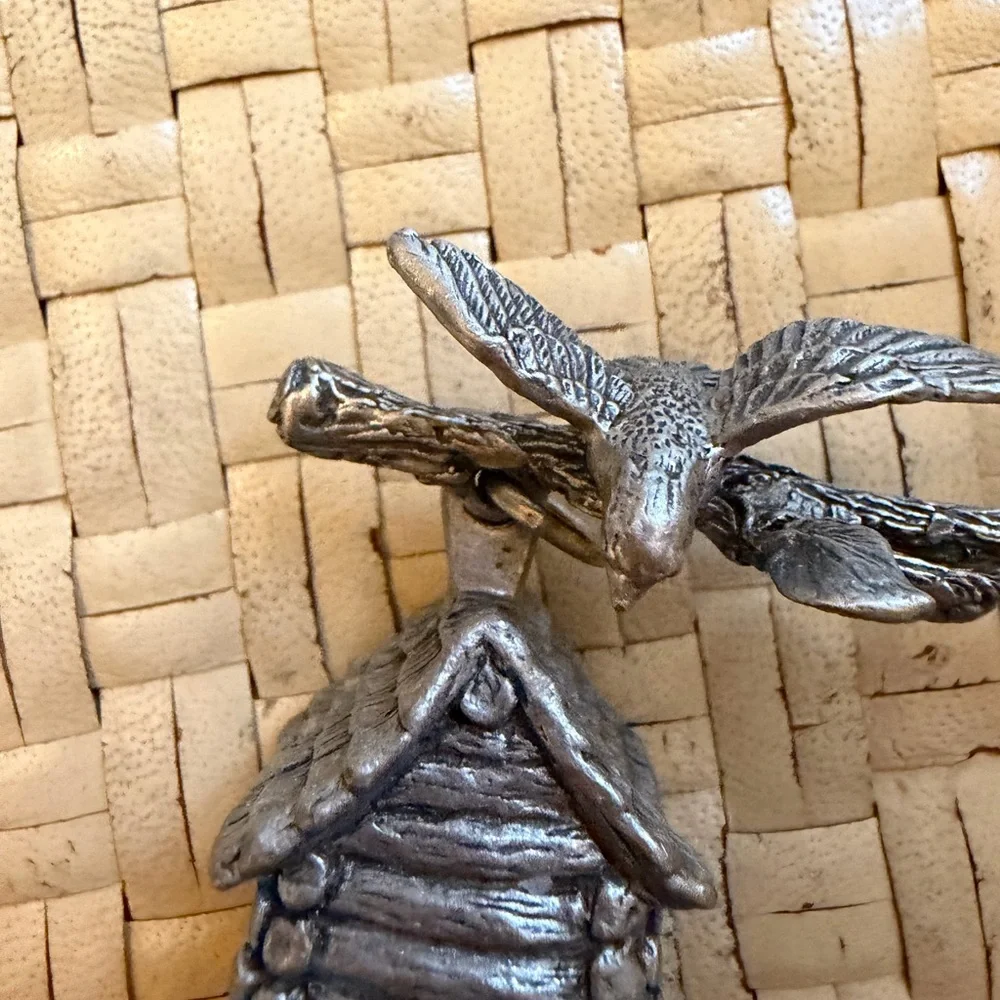 Vintage pewter candle, snuffer bird on branch and birdhouse 6 inches